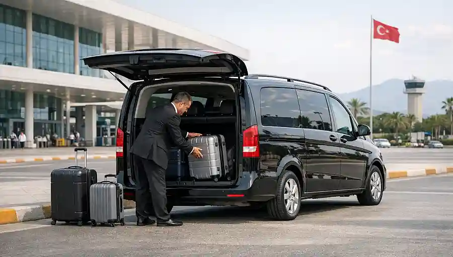 Private transfer van at an airport pickup area in Türkiye with luggage being loaded safely