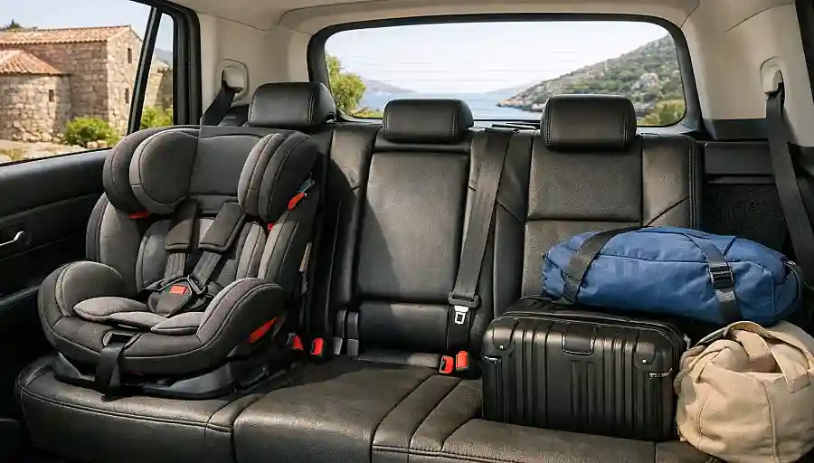 Transfer vehicle interior showing seatbelts and a fitted child seat for a safe ride
