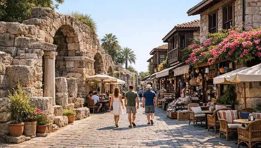 A quiet old town lane in Side with ancient stones alongside cafés and shops