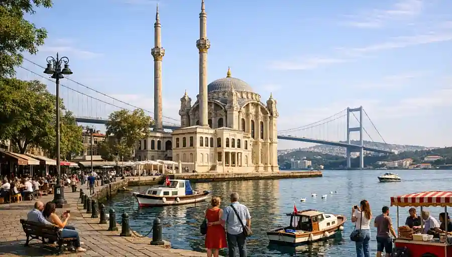 Meczet Ortaköy nad Bosforem z Mostem Bosforskim w tle