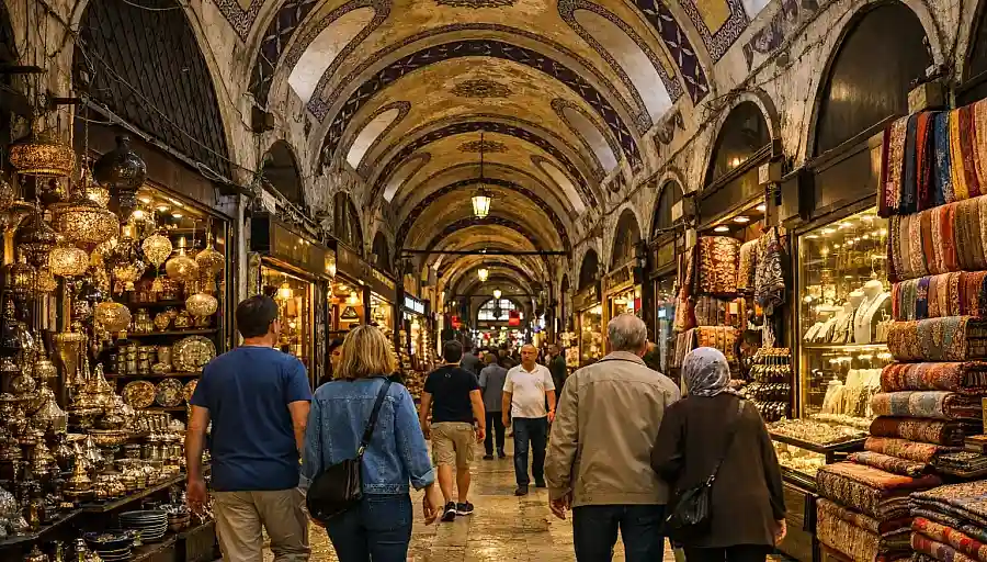 A covered corridor inside Istanbul’s Grand Bazaar with traditional shopfronts