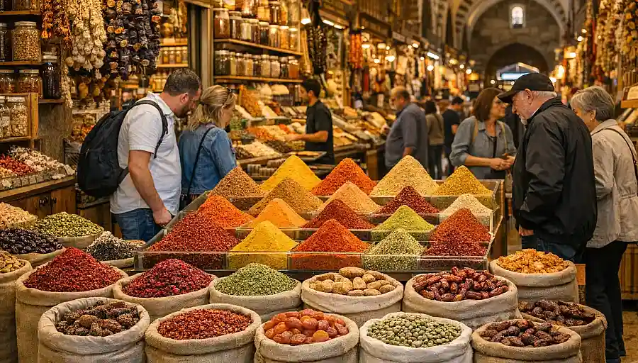 Colourful spice and dried fruit stalls inside Istanbul’s Spice Market