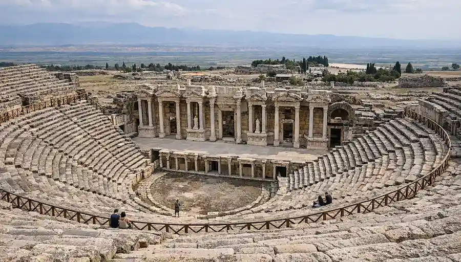 Stone seating and stage remains of the ancient theatre of Hierapolis at Pamukkale