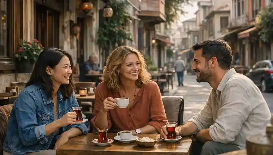 Friends meeting for tea at a neighbourhood outdoor café in Istanbul