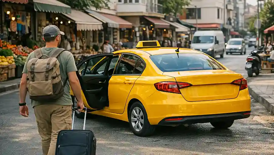 A yellow taxi on a typical Turkish city street as a traveller approaches
