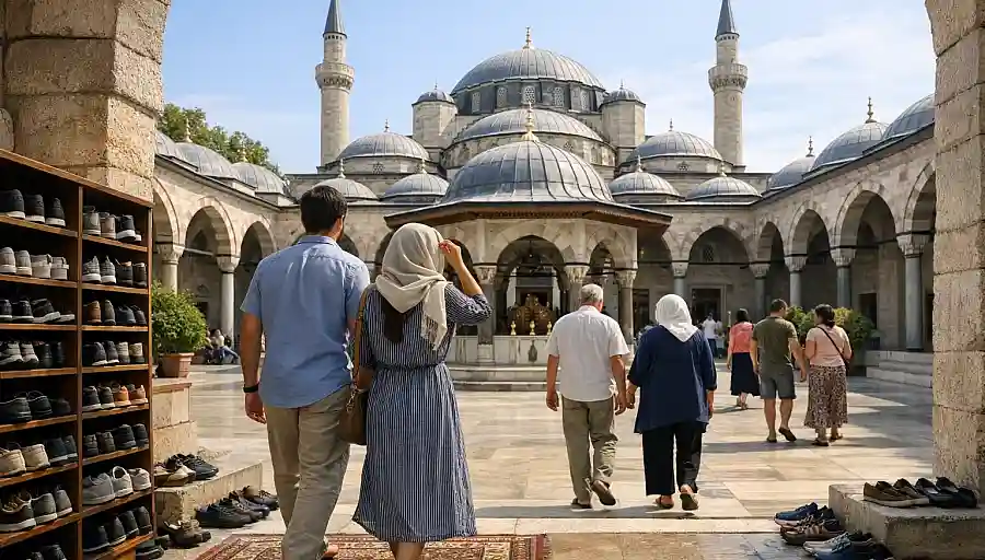Visitors in modest clothing entering a mosque courtyard in Türkiye during daylight