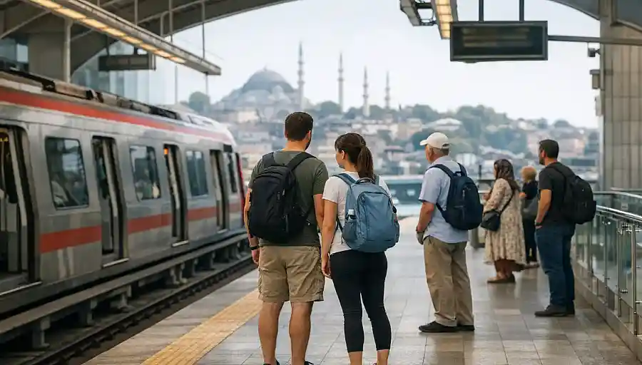Passengers waiting on a modern tram or metro platform in Istanbul
