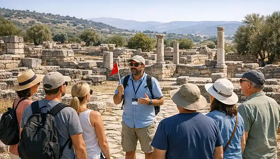 A licensed guide leading a small group at an archaeological site in Türkiye