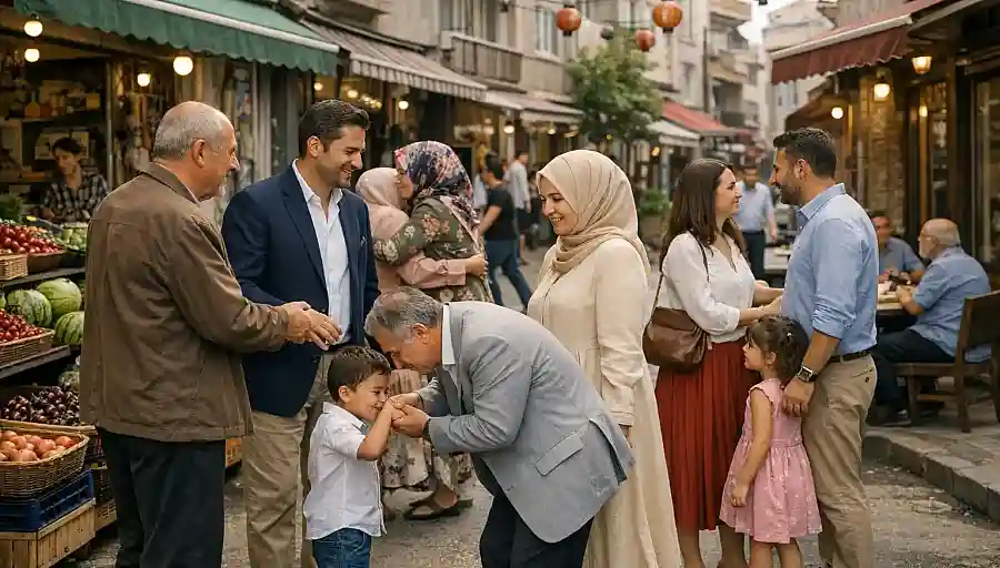 Rodziny spacerujące i witające się na tureckiej ulicy podczas Bayram