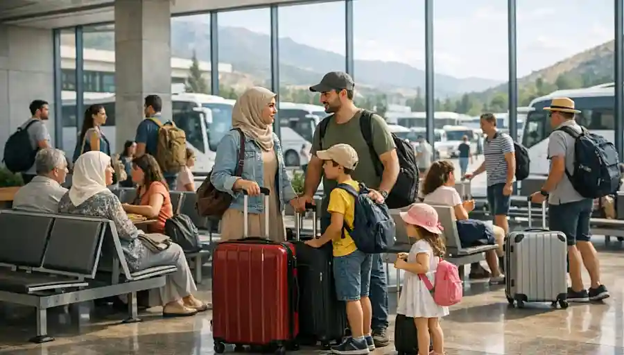 Podróżni z walizkami w tureckim terminalu w czasie świątecznego szczytu