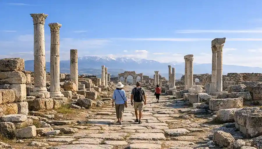Visitors walking along an ancient stone street at Laodicea near Denizli, Turkey