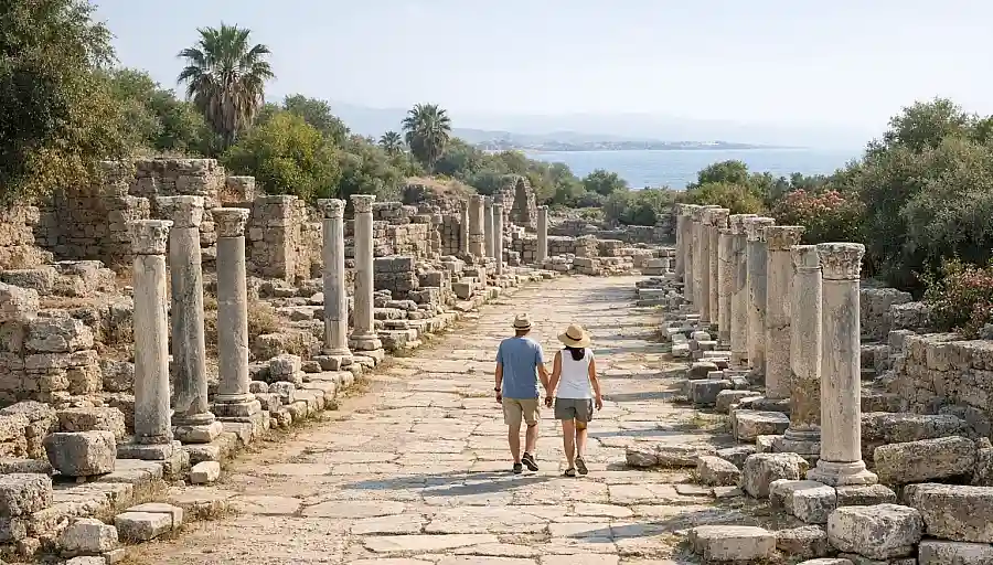 Kolumny i kamienna nawierzchnia ulicy na terenie stanowiska archeologicznego w starożytnym Side