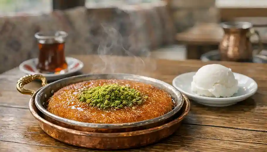 Freshly served hot künefe in a copper pan with pistachio and ice cream on the side