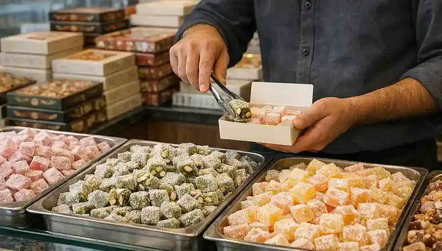 Lokum (Turkish delight) displayed in trays in a Turkish sweet shop as pieces are boxed