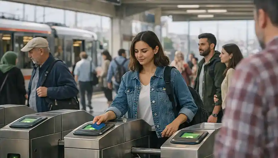 Pasażerowie w stambulskim metrze lub na przystanku tramwajowym, korzystający z karty miejskiej