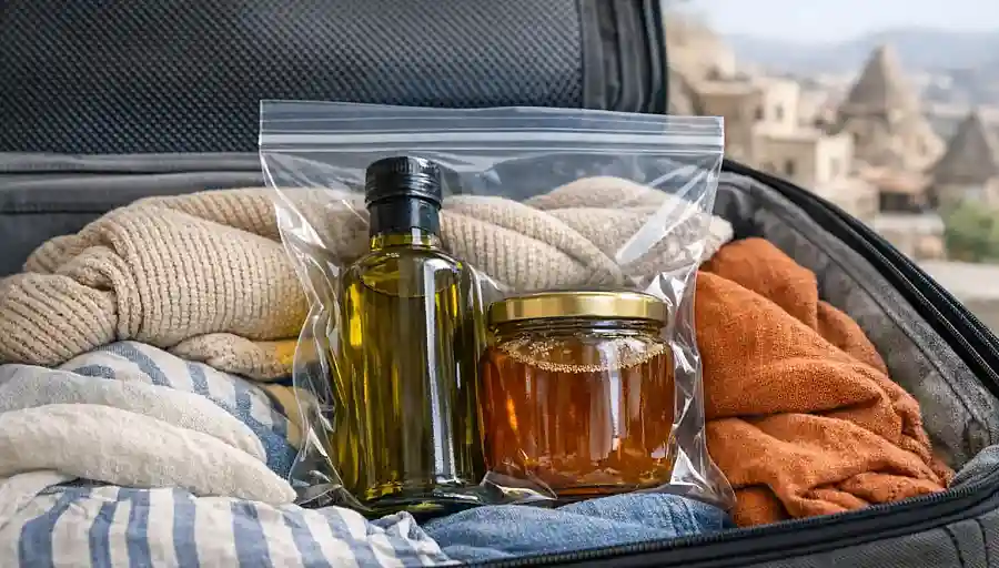 Sealed olive oil bottle and honey jar wrapped safely inside a suitcase to prevent leaks during travel