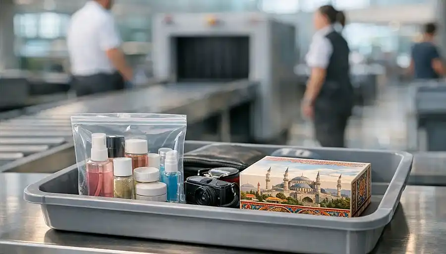 Cabin bag items placed in a tray at airport security screening in Türkiye