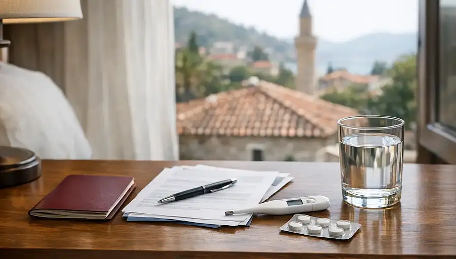 Dokumenty ubezpieczenia i podstawowe leki na stoliku przy łóżku w hotelu w Turcji